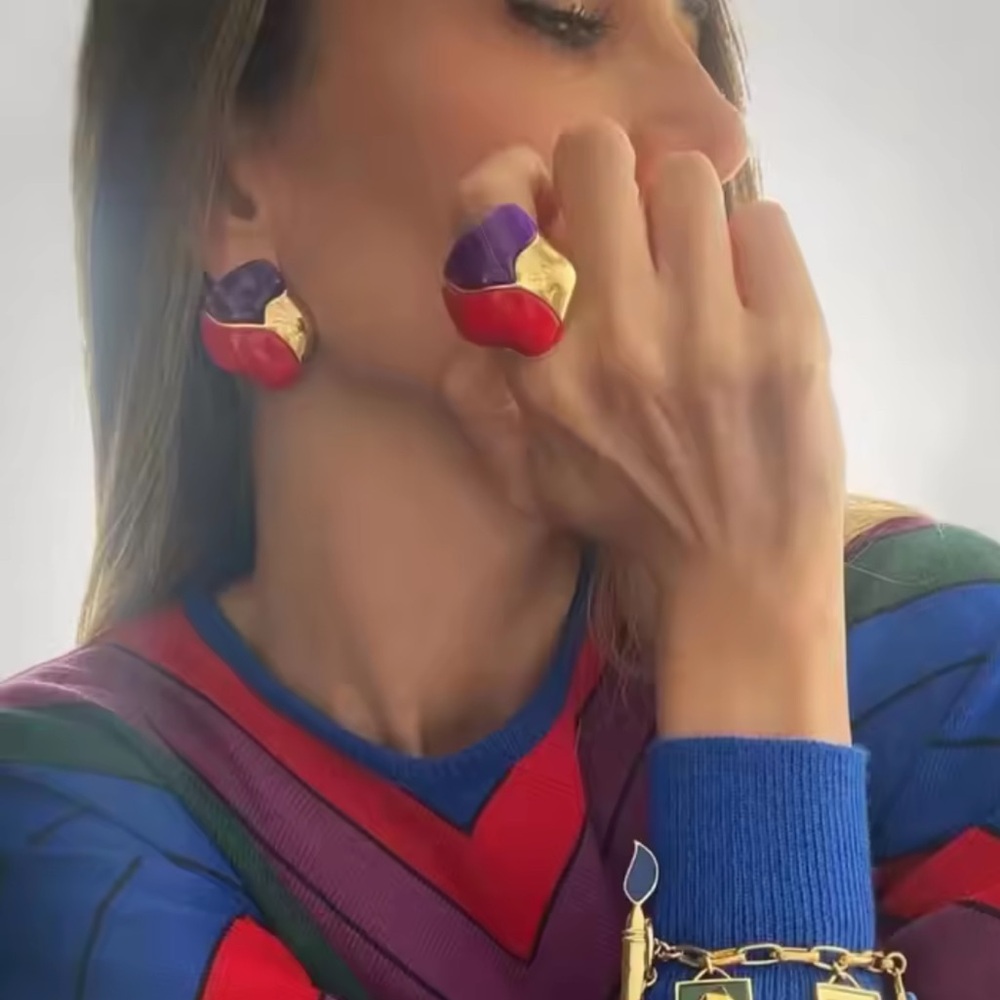 Retro Style Red And Purple Color Enamel Stud Earring